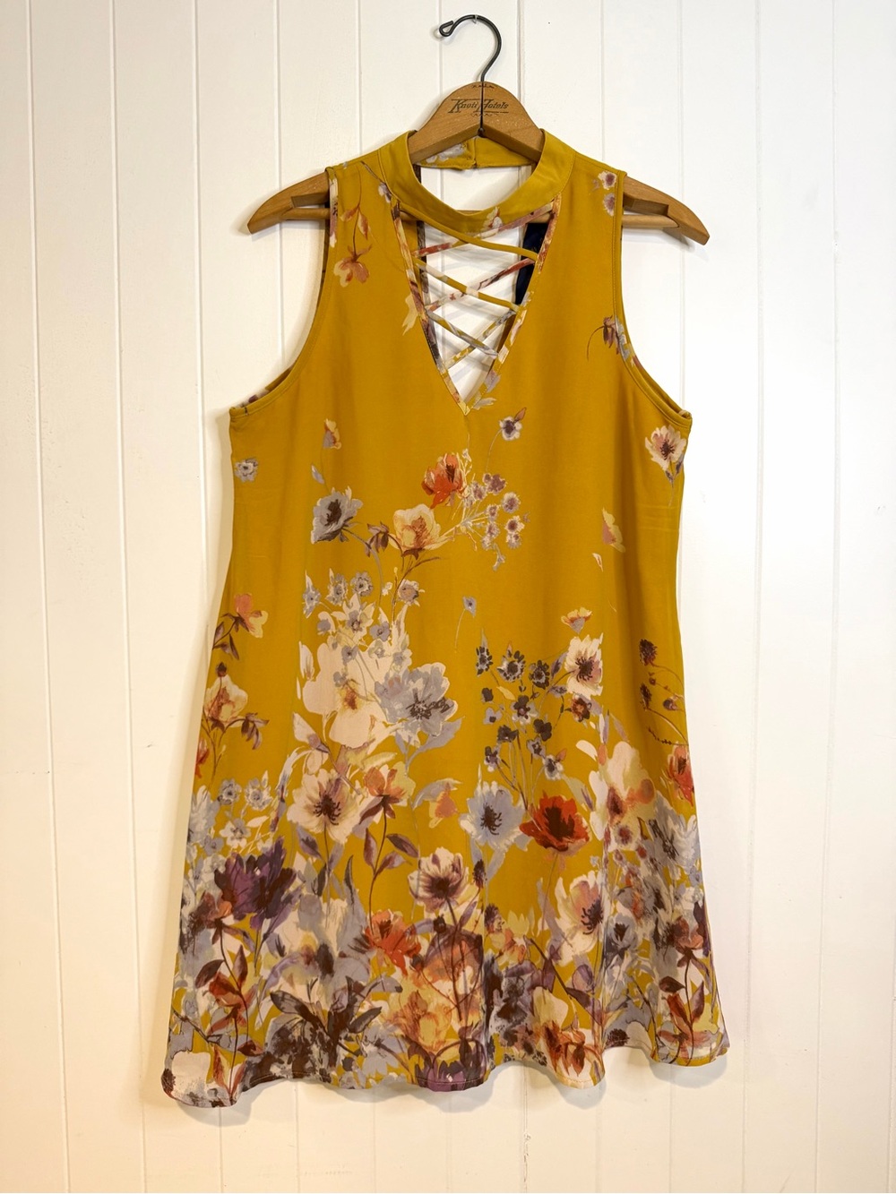 Blue Rain Mustard Floral Lace-Up Mini Dress